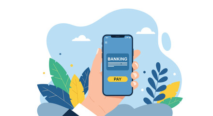 Flat illustration of a hand holding a smartphone with a mobile banking app screen, representing digital payments, online finance, and modern financial technology for business and personal use