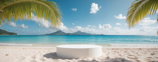 Obraz premium Summer Job Opportunities Podium - Beach Scene with White Sand and Palm Leaves for May Recruitment Campaigns and Seasonal Employment Marketing