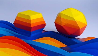 Split digital artwork—transparent geometric cube above red terrain, layered sphere above blue waves. A visual duet of structure and emotion, balance and duality, rendered in vibrant gradients.