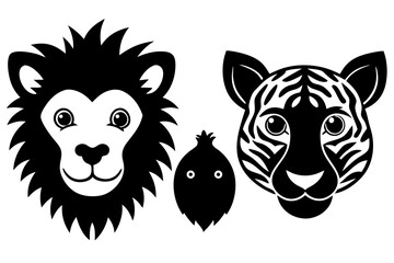 Vector art of cute cartoon animal faces, including a lion, tiger, and bird, perfect for childrens designs and illustrations