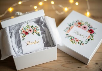 An open white gift box with a floral thank you tag inside, next to a closed box with floral decoration