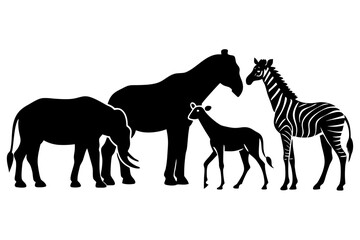 Vector art of silhouette of african animals, wildlife, mammal, elephant, horse, zebra, antelope, giraffe, lion, camel, rhinoceros, hippopotamus, gazelle