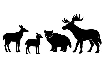 Vector art of silhouette of a deer, fawn, bear, and moose, creating a captivating wildlife scene in a minimalist style