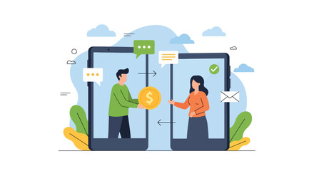 Flat illustration of people transferring money through mobile phones, symbolizing online banking, secure digital payments, financial technology, and peer-to-peer transactions for business and personal