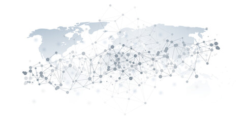 A stylized black and white world map with a grid of polygonal network connections structure, nodes connected by lines, symbolizing global communication, data exchange, and digital connectivity.
