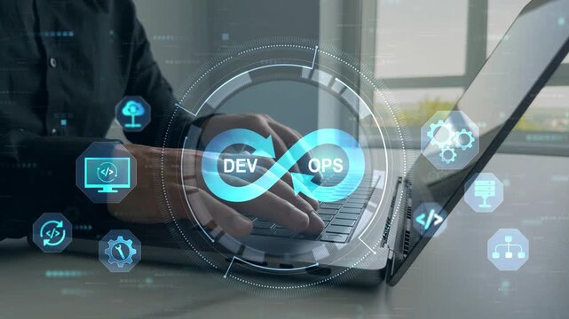 System engineer and programming digital development. Agile programming and DevOps technology. IT operations concept. Software quality and software development.