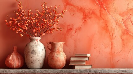 Orange-toned still life with textured vase, pitcher, and books
