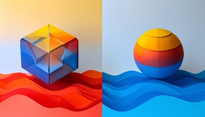 Split digital artwork—transparent geometric cube above red terrain, layered sphere above blue waves. A visual duet of structure and emotion, balance and duality, rendered in vibrant gradients.