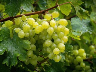 Dew-Kissed Grapes: Plump and Juicy Cluster on Lush Green Vines