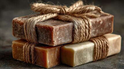 Rustic stack of artisanal soap bars tied with twine