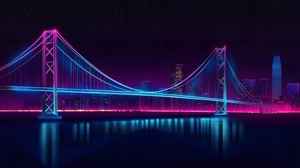 Fototapeta premium A vibrant cityscape at night, illuminated by a neon-bright suspension bridge, showcasing a futuristic aesthetic.
