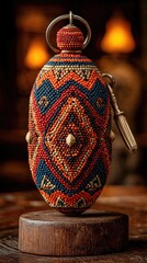 Ornate beaded vessel on wooden stand