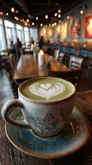 Latte art in a ceramic cup sits on a wooden table in a cafe