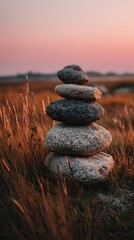 Stacked stones in a grassy field at sunset