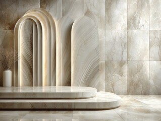 Elegant, tiered marble platform with arched backdrops