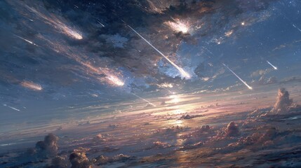 A vibrant sunset sky filled with numerous shooting stars streaking across the clouds