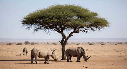 Two rhinoceroses graze under a large tree in a dry, arid African landscape, with a third in the distance.