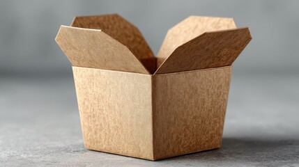 Empty brown cardboard takeout container, open