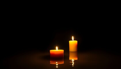Two lit candles reflect on a dark, still surface, creating a serene and peaceful ambiance.