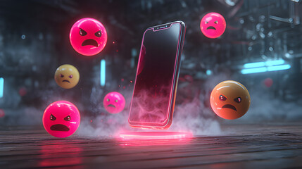 Digital toxicity, online harassment, or the negative impact of excessive screen time. Cyberstalking frowning face defense mode emoji mask, bad temper angry emoji with mobile phone device screen