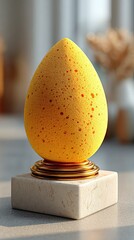 Yellow porous egg-shaped sponge on marble base