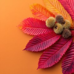 Vibrant autumn leaves and chestnuts arranged on a solid orange background