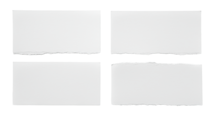 Four distinct rectangular blank white paper pieces with ragged torn edges and texture, studio lit on a transparent background for copy space. Concept of new ideas