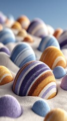 Striped spheres nestled in a soft, undulating surface