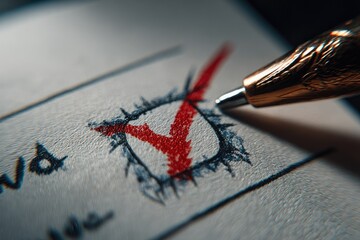 Close-up of a red checkmark fiercely drawn on paper, a pen poised above