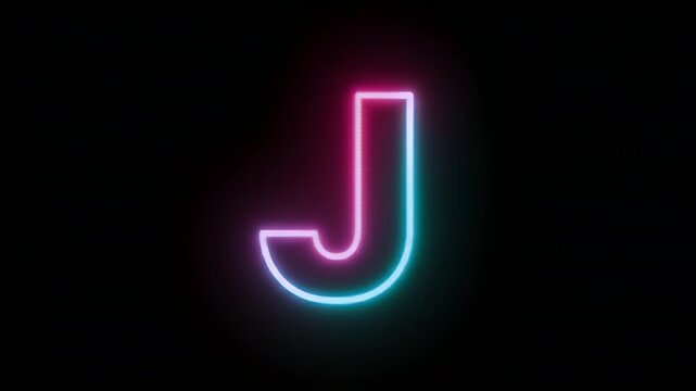 Neon letter J glowing pink and blue on black background