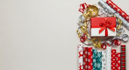 A gift box with wrapping paper and ribbon rolls arranged on a neutral background.