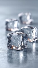 Three ice cubes on a reflective surface