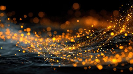 Abstract wave of glowing orange particles on dark background