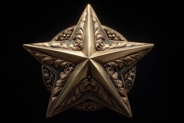 Ornate gold star, detailed carvings, dark background