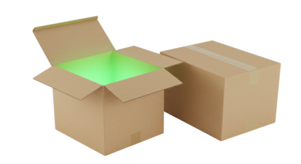 Two light brown corrugated shipping boxes, one ajar with an ethereal verdant green glow, beside a sealed box, on a transparent studio background. Concept of new opportunities and sustainable solutions