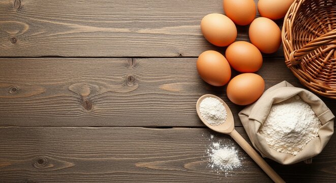 Overhead view of eggs, flour, and a basket arranged on a rustic wooden surface, ready for baking.
