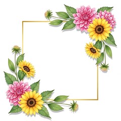 Fototapeta premium Elegant square floral frame with pink dahlias and yellow sunflowers on white background