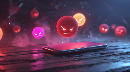 Digital toxicity, online harassment, or the negative impact of excessive screen time. Cyberstalking frowning face defense mode emoji mask, bad temper angry emoji with mobile phone device screen