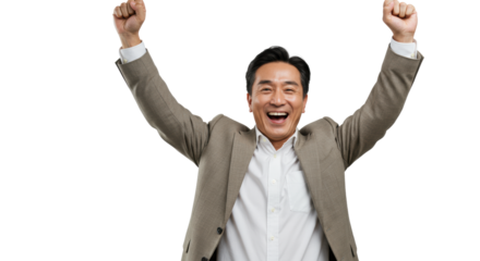 An gender-ambiguous, ethnically-ambiguous adult in business casual, arms raised in triumph, smiling joyfully against a high-key studio background, corporate achievement concept