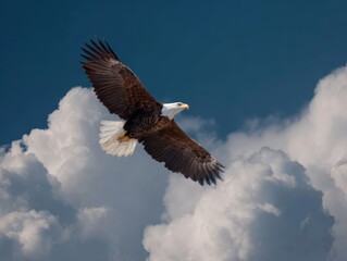 Naklejka premium Eagle Soaring High with Wings Spread, Amidst Clear Blue Sky and Fluffy Clouds