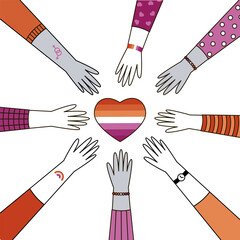Vector illustration of diverse hands reaching towards a heart with the lesbian pride flag colors.