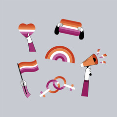 Vector set of lesbian pride icons in flat style. Collection includes lesbian flag, rainbow, heart, megaphone, and interlocked female symbols in orange, pink, and purple colors. 