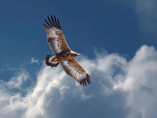 Obraz premium Eagle Soaring High with Wings Spread, Amidst Clear Blue Sky and Fluffy Clouds