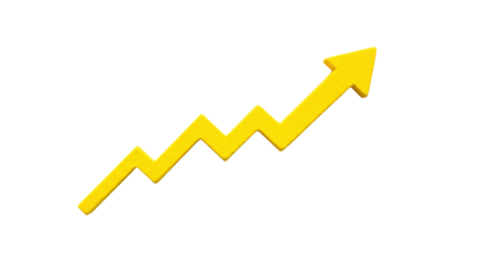 A vibrant yellow hand-drawn crayon arrow with an upward zigzagging trend on a transparent, shadow-free background, symbolizing progress and success. Concept of business growth and optimism