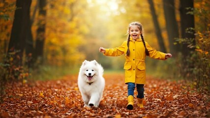 Happy little girl and white dog running through autumn forest leaves. - Powered by Adobe