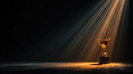 Golden trophy in spotlight, dark background (1)