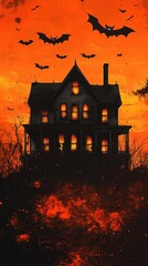 Spooky haunted house with bats flying on halloween night with orange sky background