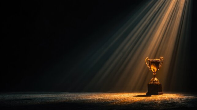 Golden trophy in spotlight, dark background (1)