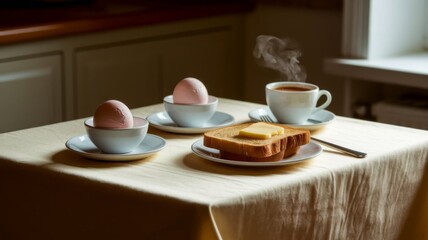 Fototapeta premium Breakfast with Poached Eggs on Toast and Hot Coffee