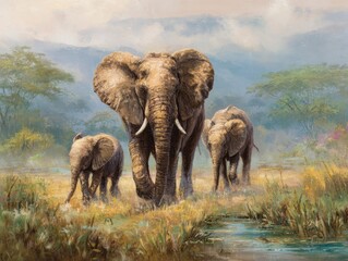 Fototapeta premium Elephant Family Frolic: Majestic Adult with Playful Calves in Lush Savannah Paradise